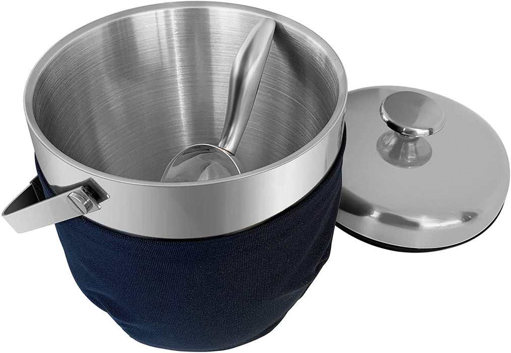 Fortune Candy Insulated Ice Bucket - Exclusive Lid with Improved Structure, Stainless Steel Ice Bucket with Ice Tongs, Scoop, and Exclusive Handmade Nylon Holder - 2.8 L, Silver/Navy Blue