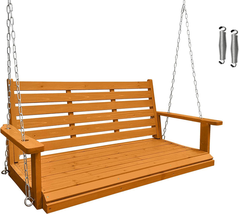 Wooden Porch Swing, Ergonomic Seat, Bench Swing with Hanging Chains and 7mm Springs, Heavy Duty 800 LBS, for Outdoor Patio Garden Yard (Amber Tone, 2-Seater Extra Large)