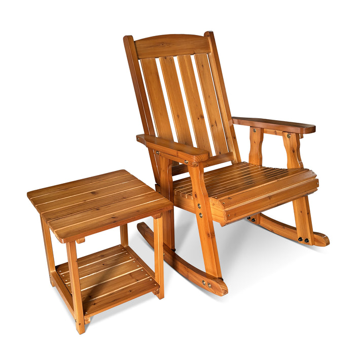 Wooden Rocking Chair with Comfortable Backrest Inclination, High Backrest and Deep Contoured Seat
(Brown with table)