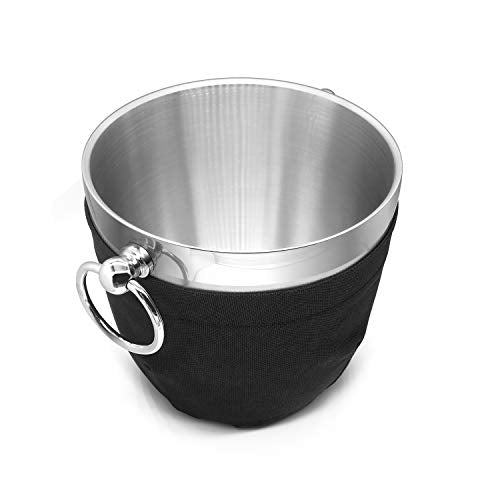Fortune Candy Insulated Ice Bucket - Double Walled Stainless Steel Ice Bucket with Ice Tongs, Scoop, Lid, and Exclusive Handmade Nylon Holder - 2.8 L (Black)