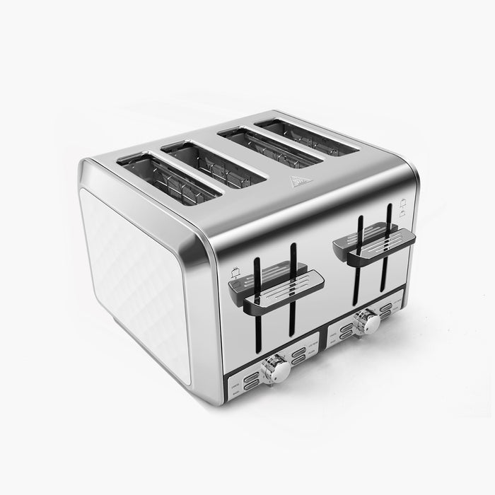 Fortune Candy KST012 4-Slice Toaster, Stainless Steel Housing, 7 Shade Settings, Extra Wide Slots for Bagels, 11 L x 10.8 W x 7.4 H inches, Diamond Pattern, White