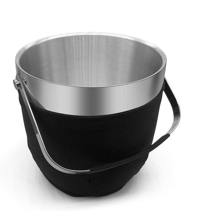 Fortune Candy Insulated Ice Bucket, Double Walled Stainless Steel Ice Bucket with Ice Tongs, Scoop, Lid, and Exclusive Handmade Nylon Holder, 2.8 L (Black)