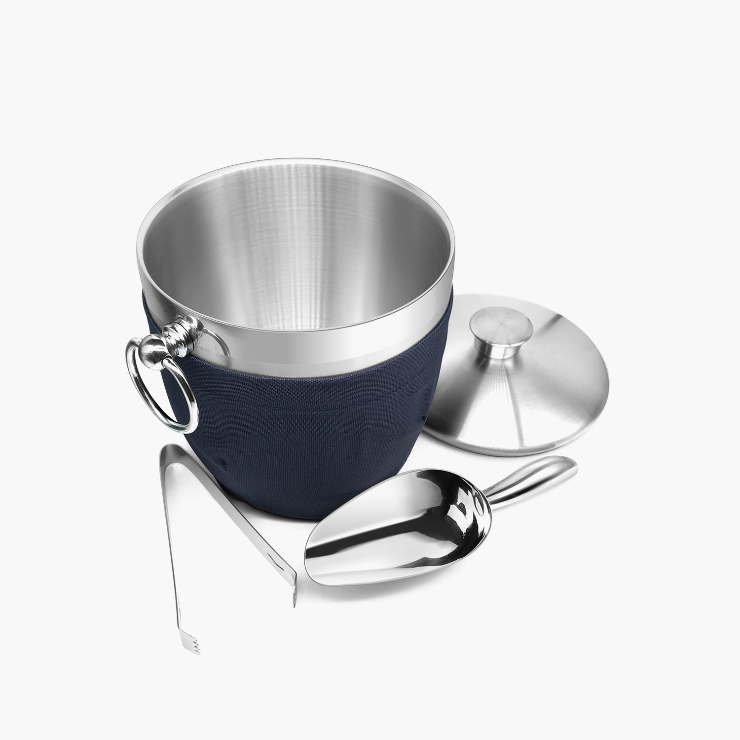 Fortune Candy Insulated Ice Bucket - Double Walled Stainless Steel Ice Bucket with Ice Tongs, Scoop, Lid, and Exclusive Handmade Nylon Holder - 2.8 L, Silver/Navy Blue 2 - Fortune Candy