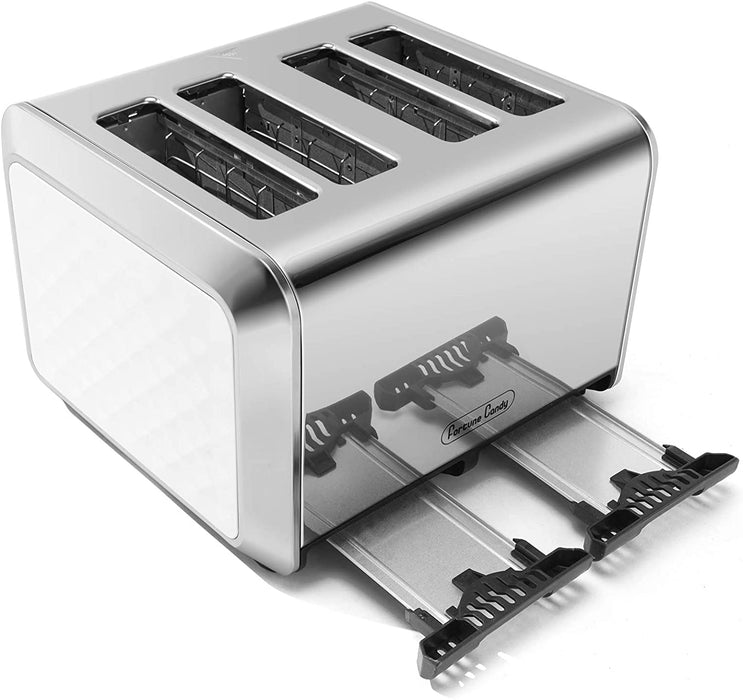 Fortune Candy KST012 4-Slice Toaster, Stainless Steel Housing, 7 Shade Settings, Extra Wide Slots for Bagels, 11 L x 10.8 W x 7.4 H inches, Diamond Pattern, White