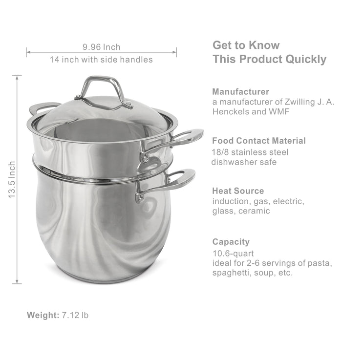 Fortune Candy 10-Quart Pasta Pot with Strainer Insert, 18/8 Stainless Steel